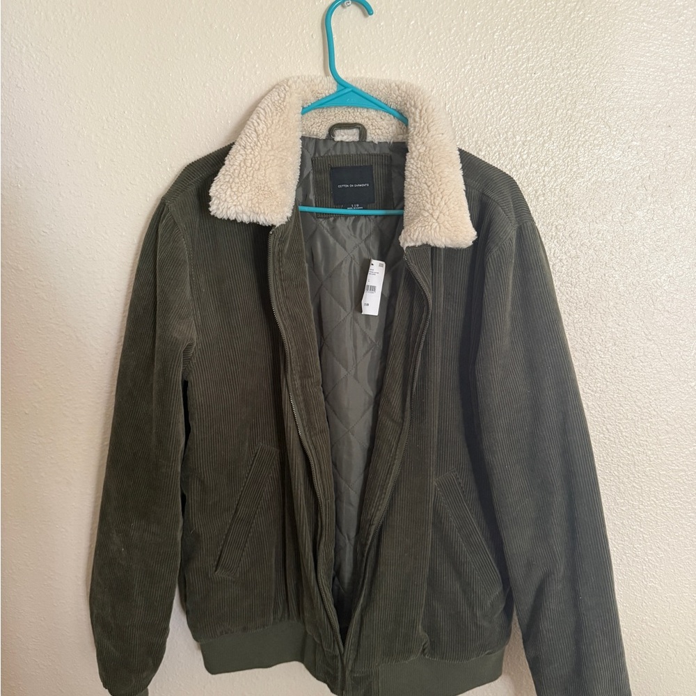 Cotton On Men's Green Corduroy Jacket with Cream Sherpa Collar